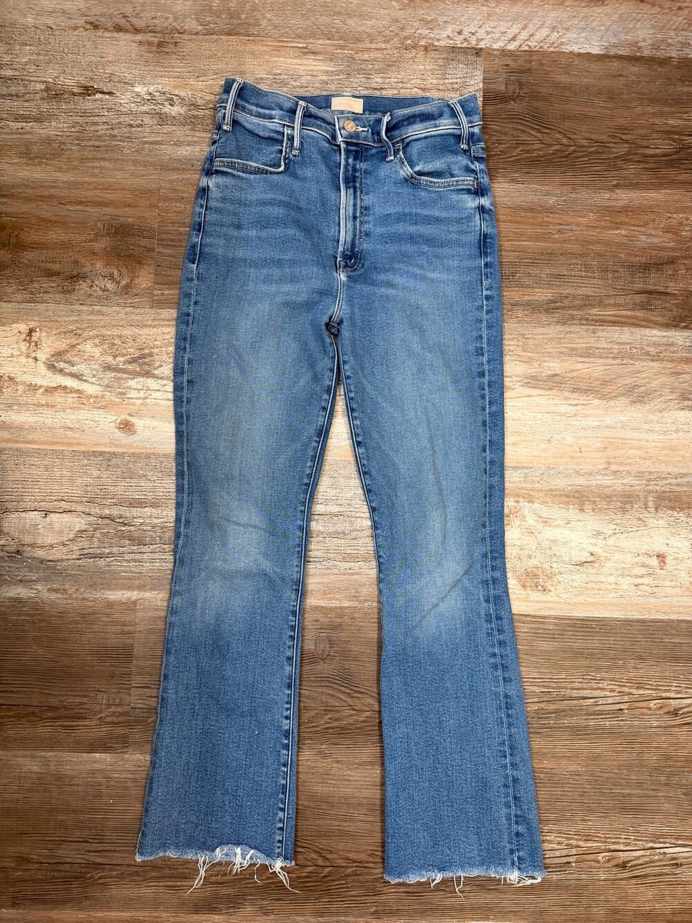 MOTHER The Hustler Ankle Fray Jeans, high-rise waist flare dark wash sz 27 EUC